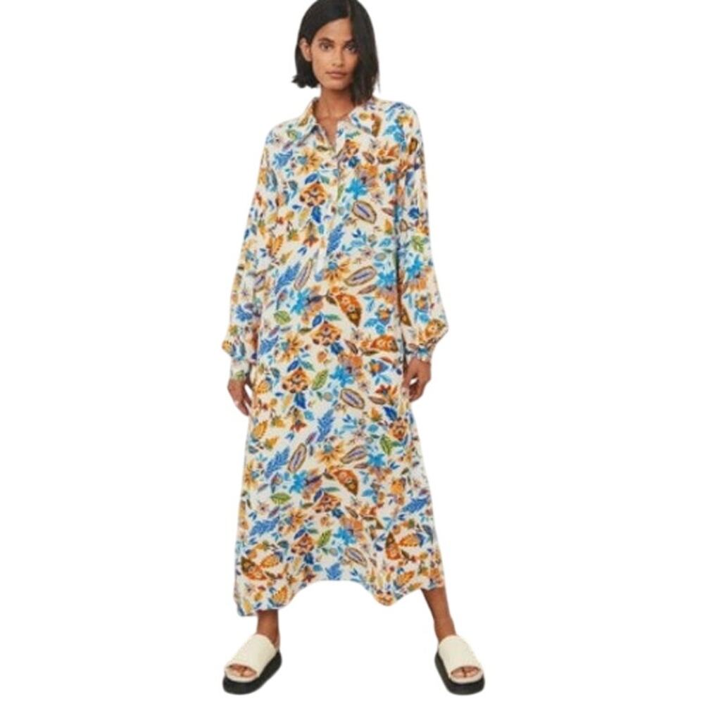 Part Two Long Sleeve Shirt Midi Dress 34 / Small Colorful Paisley Button Up